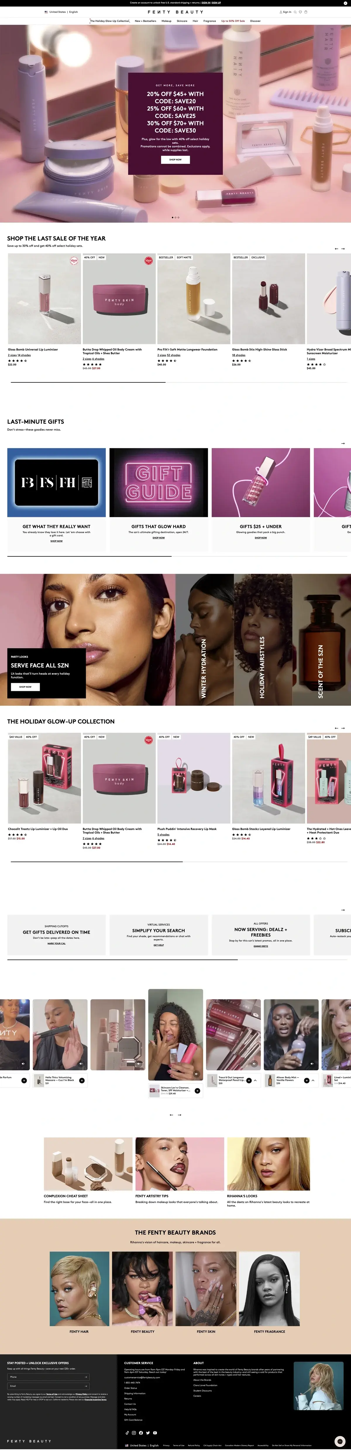 Fenty Beauty Shopify store homepage showing inclusive shade range and product categories