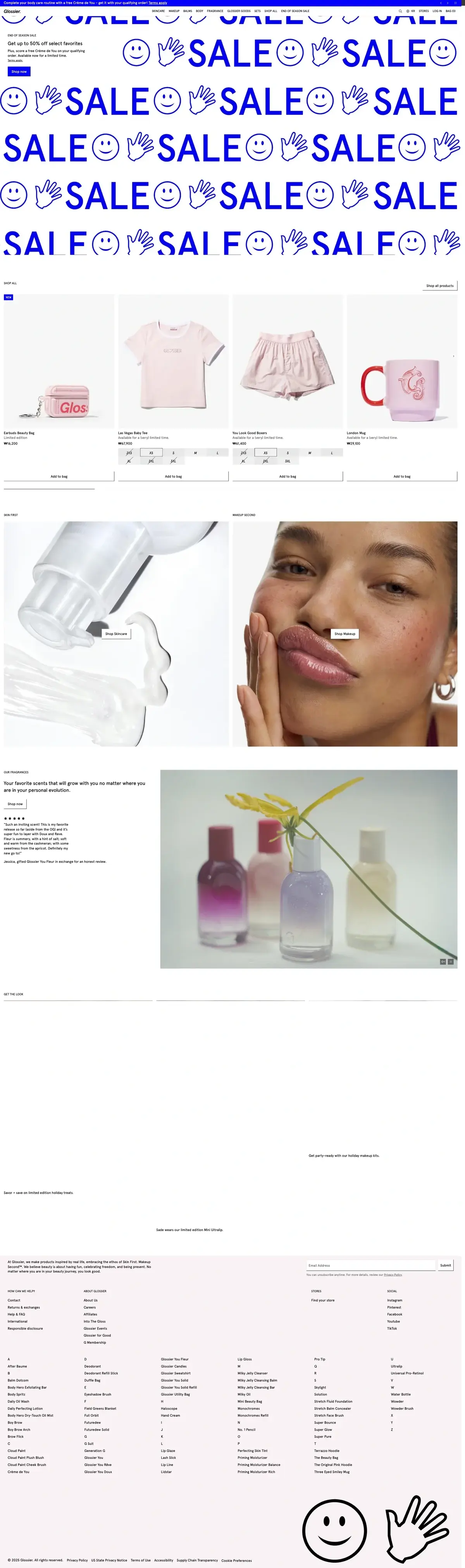 Glossier Shopify store homepage with minimal pink aesthetic and product grid