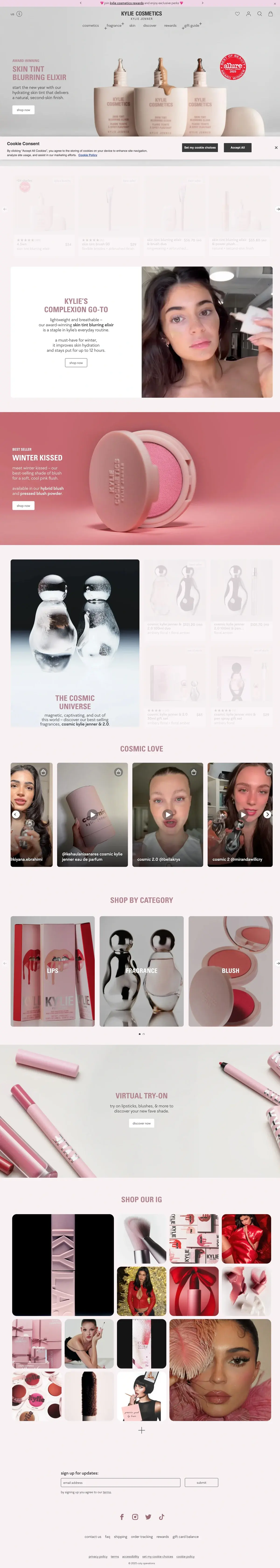 Kylie Cosmetics Shopify store homepage featuring lip kit products and celebrity imagery
