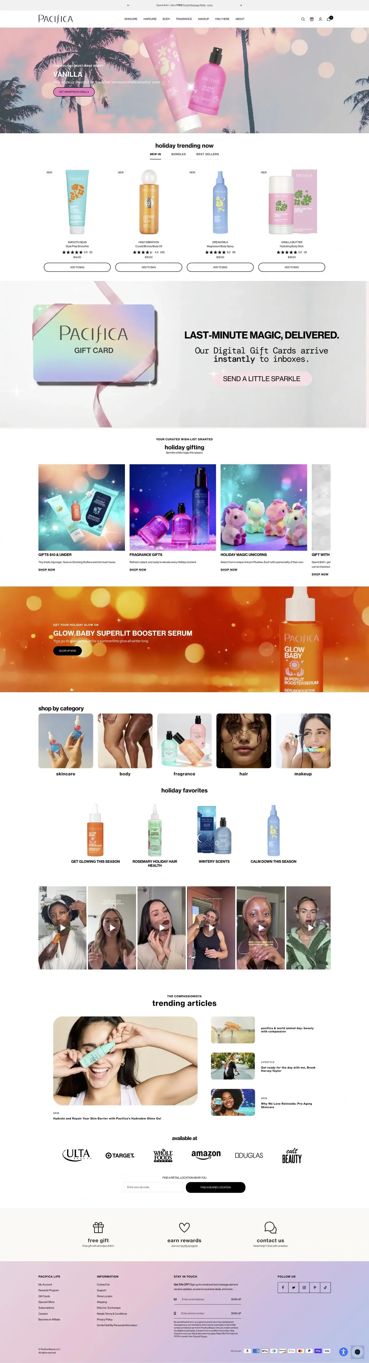 Pacifica Beauty Shopify store homepage with vegan and cruelty-free product categories