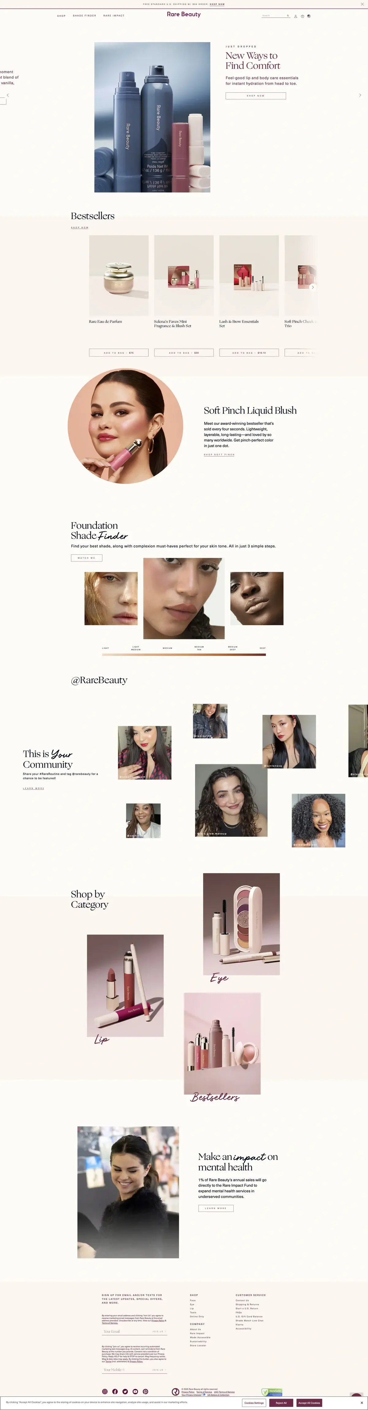 Rare Beauty Shopify store homepage featuring Selena Gomez and mental health messaging