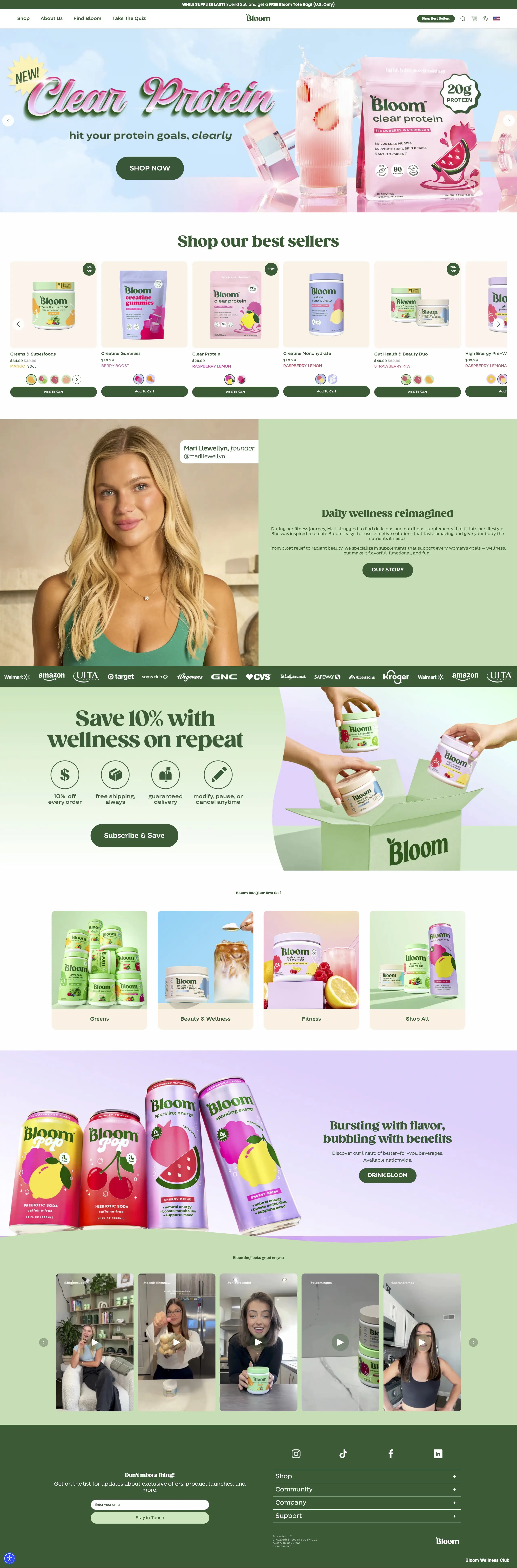 Bloom Nutrition Shopify store homepage featuring greens supplements and social media-driven branding