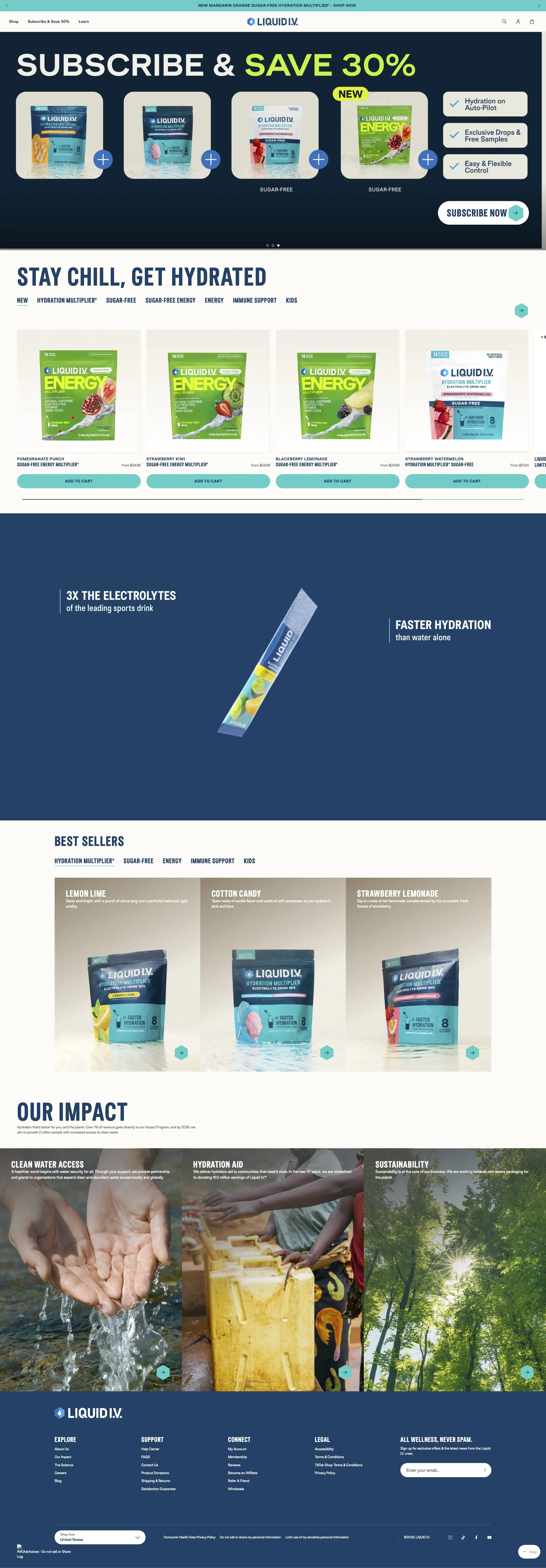 Liquid I.V. Shopify store homepage showcasing hydration multiplier products and flavor variety