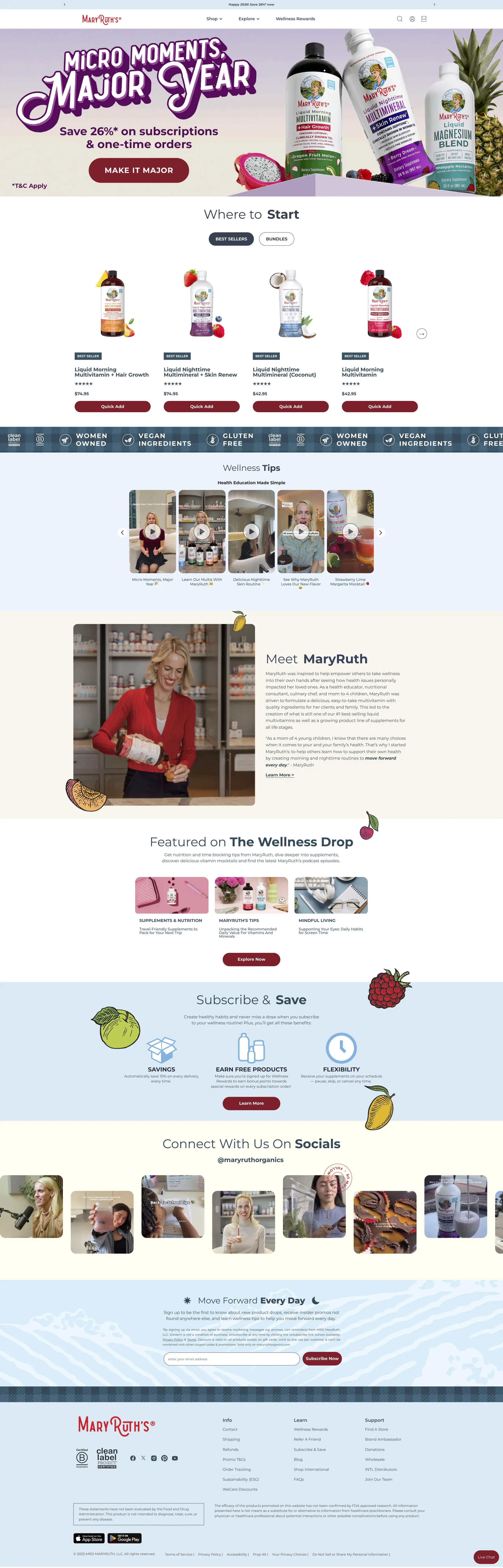 MaryRuth Organics Shopify store homepage featuring organic liquid vitamins and family supplements