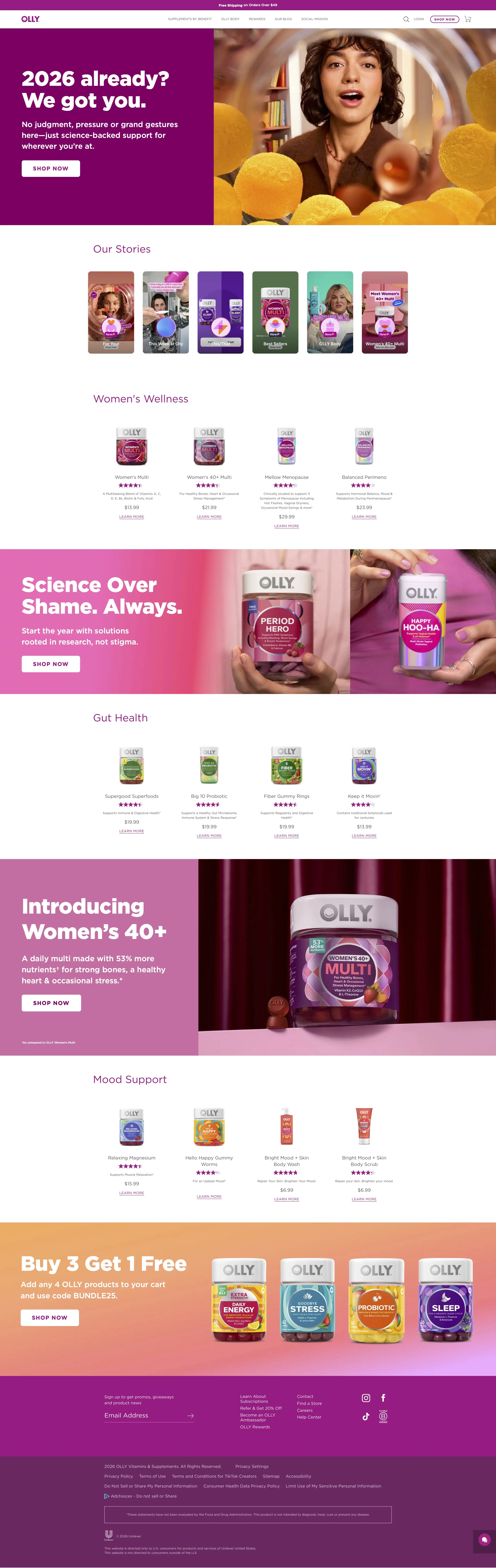 OLLY Shopify store homepage displaying colorful gummy vitamins with design-forward packaging