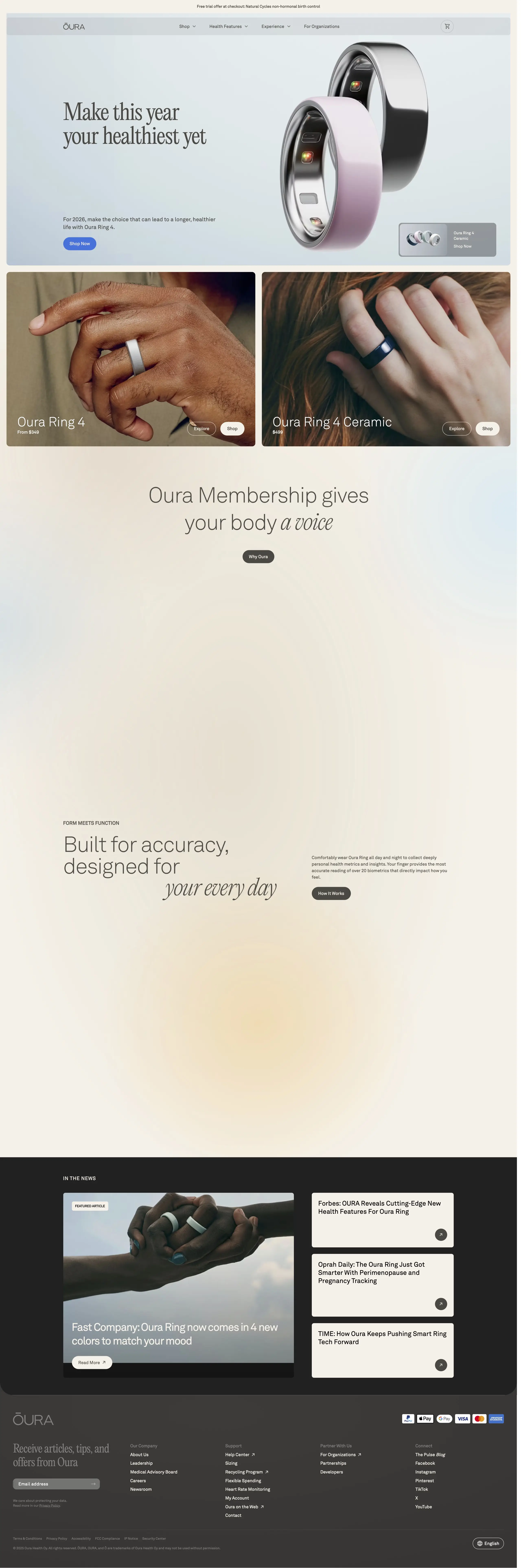 Oura Ring Shopify store homepage showing smart ring health tracking wearable and subscription features