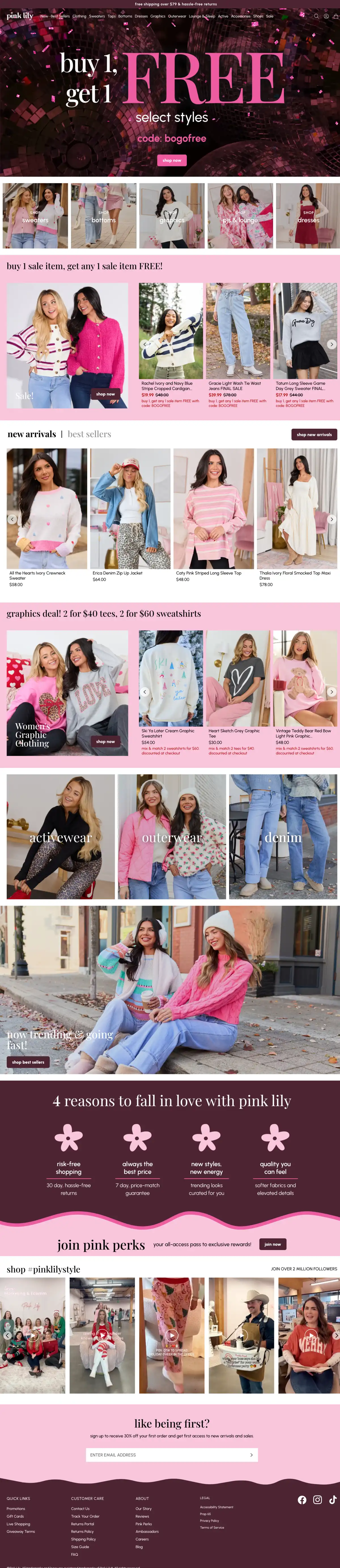 Pink Lily Shopify store featuring affordable women's fashion and boutique clothing